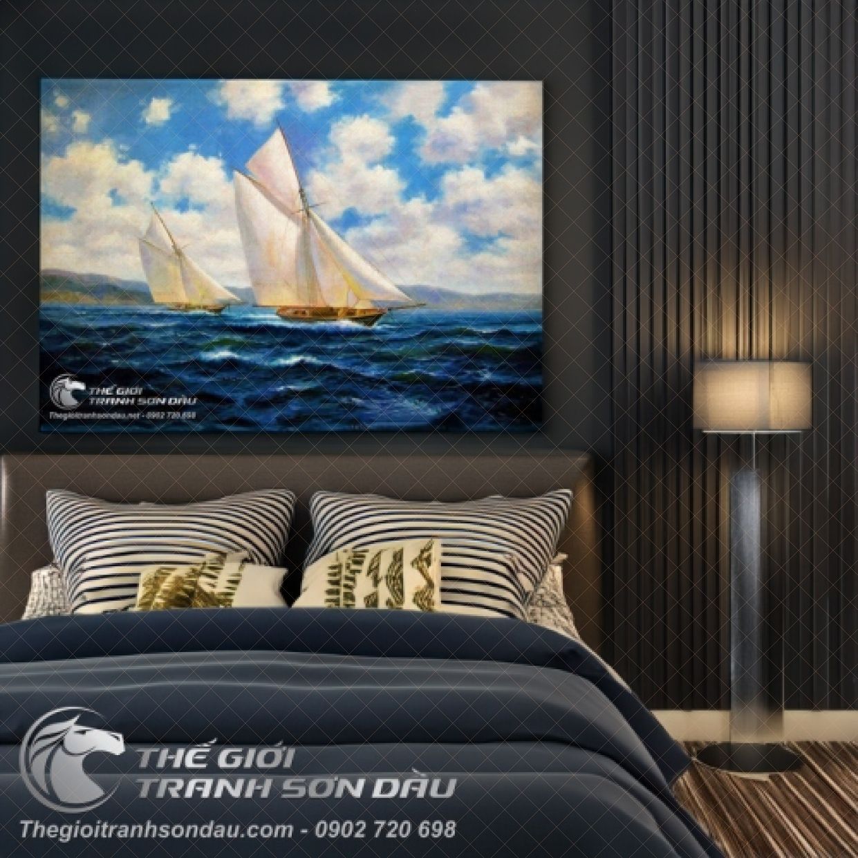 Tranh Hai Thuyền Buồm Biển Rộng - Sơn Dầu Đa Sắc, Kích Thước 60x90 