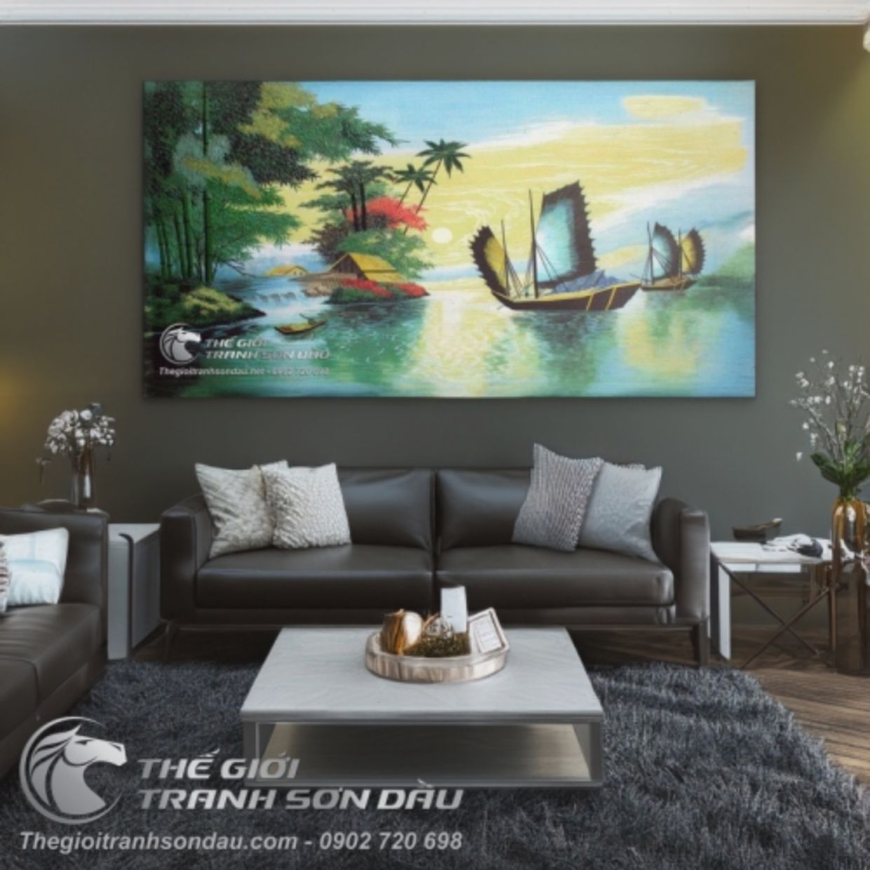 Tranh Sơn Dầu Làng Quê Yên Bình Thuyền Buồm Đa Sắc 80x150 