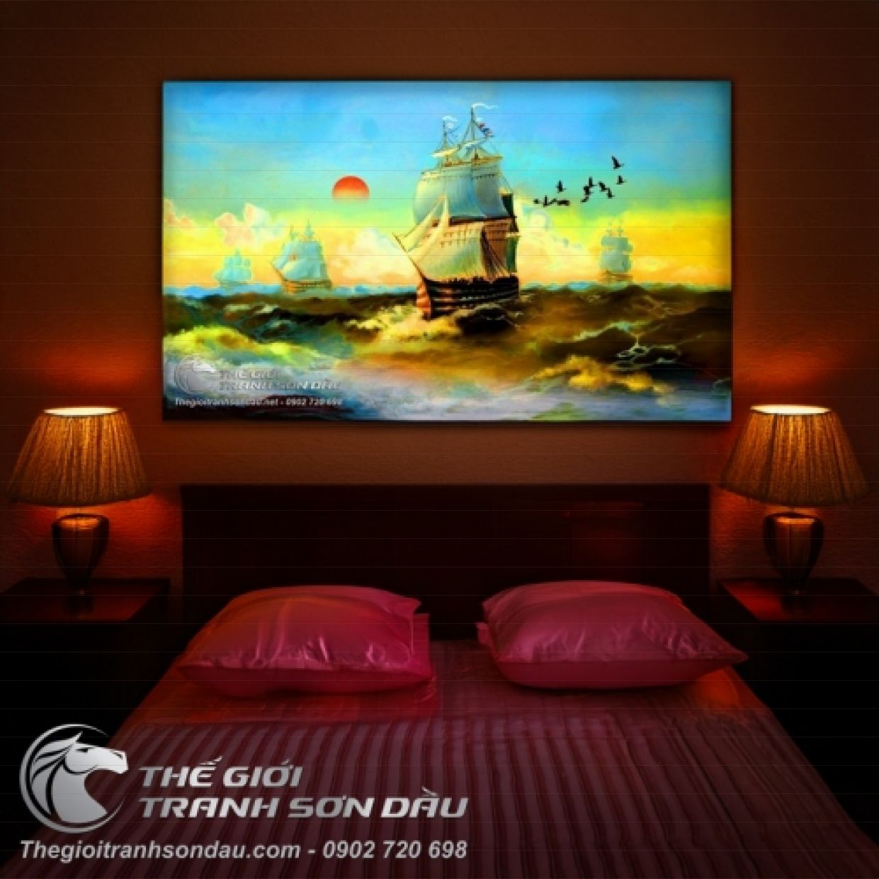 Tranh Sơn Dầu Thuyền Buồm Hoàng Hôn Biển 80x150 Đẹp 