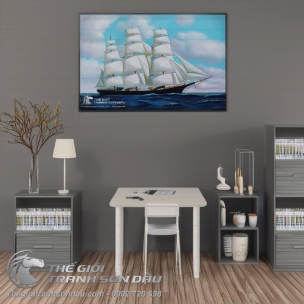 Tranh Thuyền Thuận Buồm Xuôi Gió Sơn Dầu Kích Thước 60x90cm Trang Trí Phong Thủy 