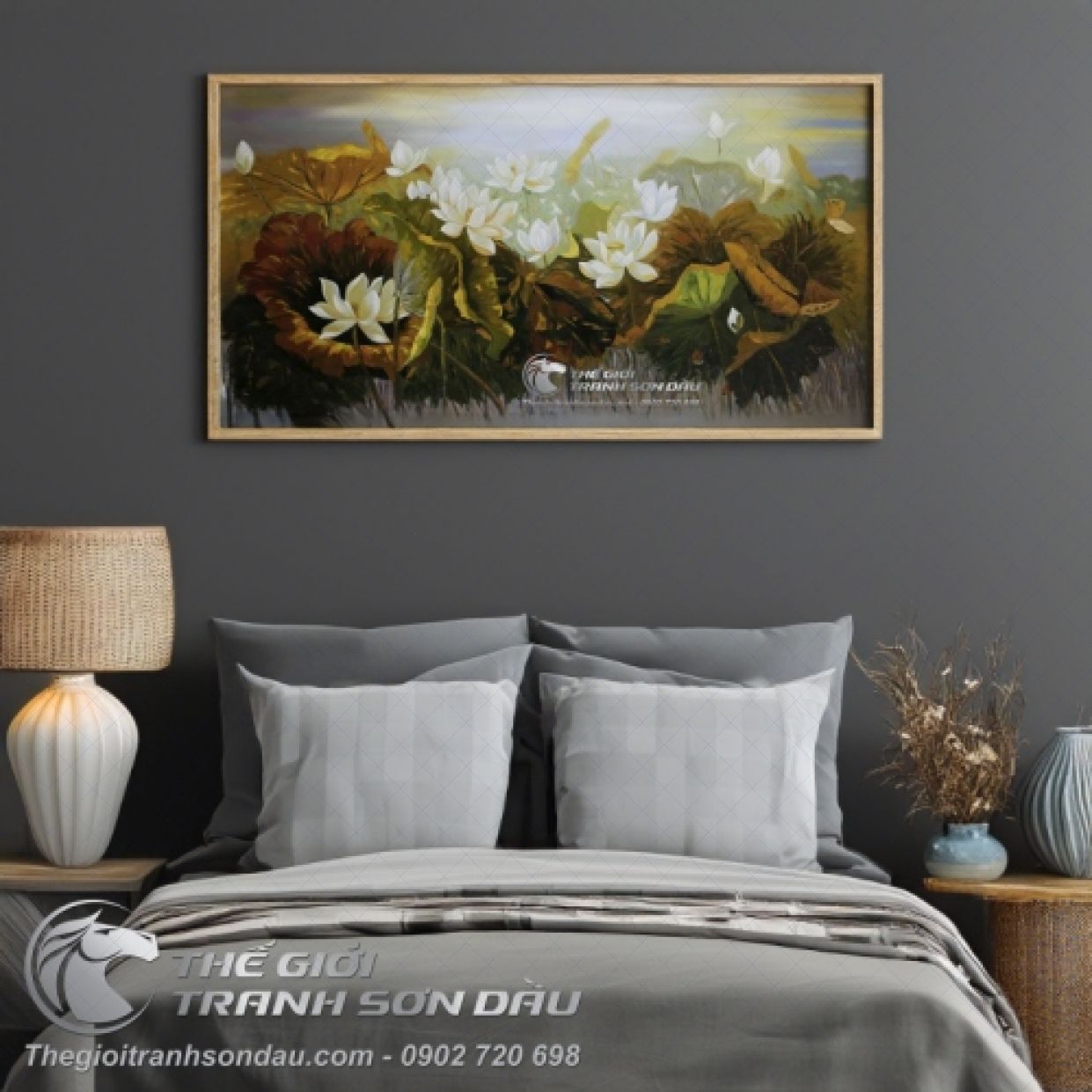Tranh Sơn Dầu Hoa Sen Trắng đẹp Kích thước đa dạng Sang trọng 