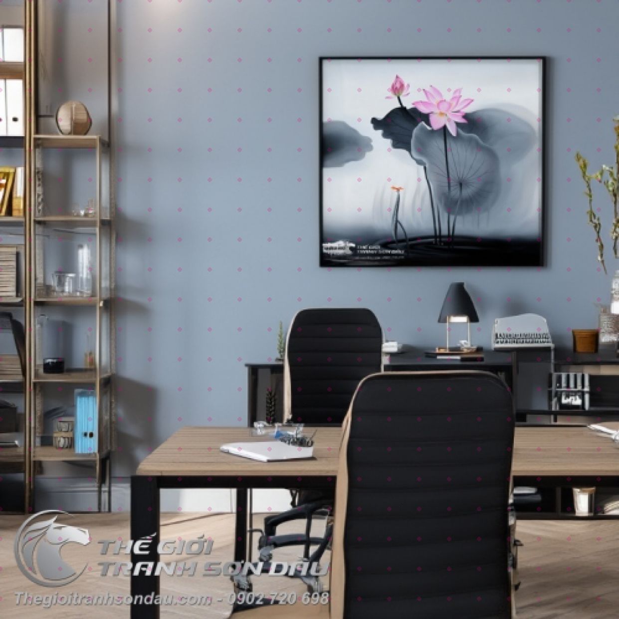 Tranh Hoa Sen Hồng Con Chuồn Chuồn Sơn Dầu Khung 50x50 