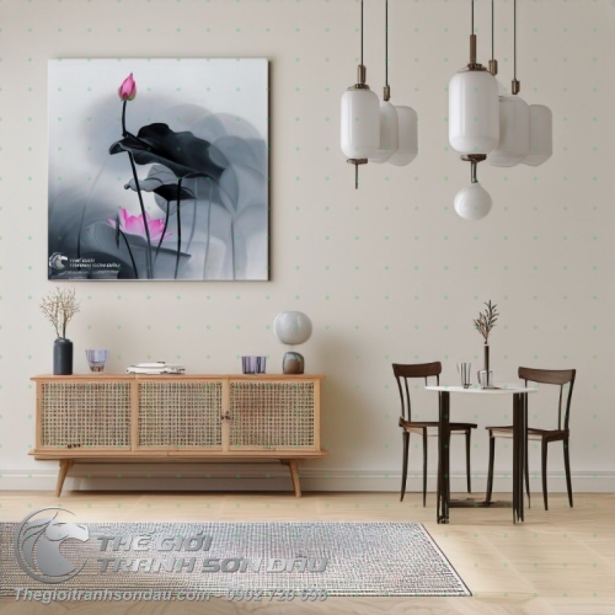Tranh Sen Hồng Mờ Ảo 50x50 Sơn Dầu Đa Sắc Khung Đẹp 