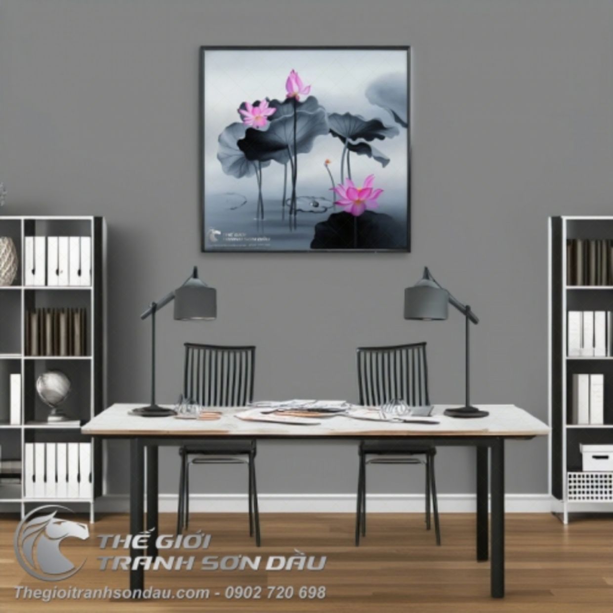 Tranh Hoa Sen Hồng Nền Xám đẹp tinh tế Sơn Dầu 50x50cm 