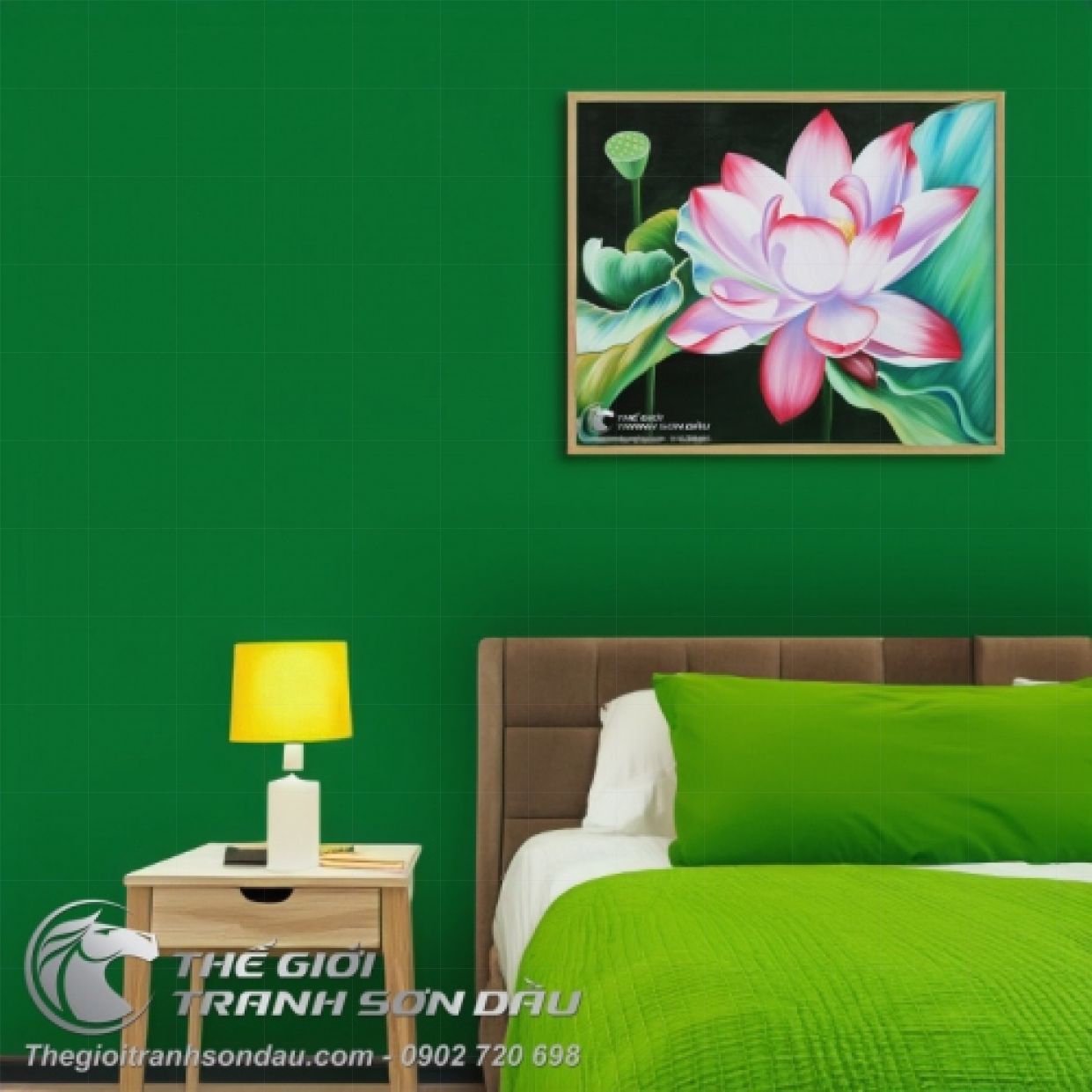 Tranh Hoa Sen Hồng Sơn Dầu Đẹp Màu Sắc Tươi Sáng Kích Thước Lớn 