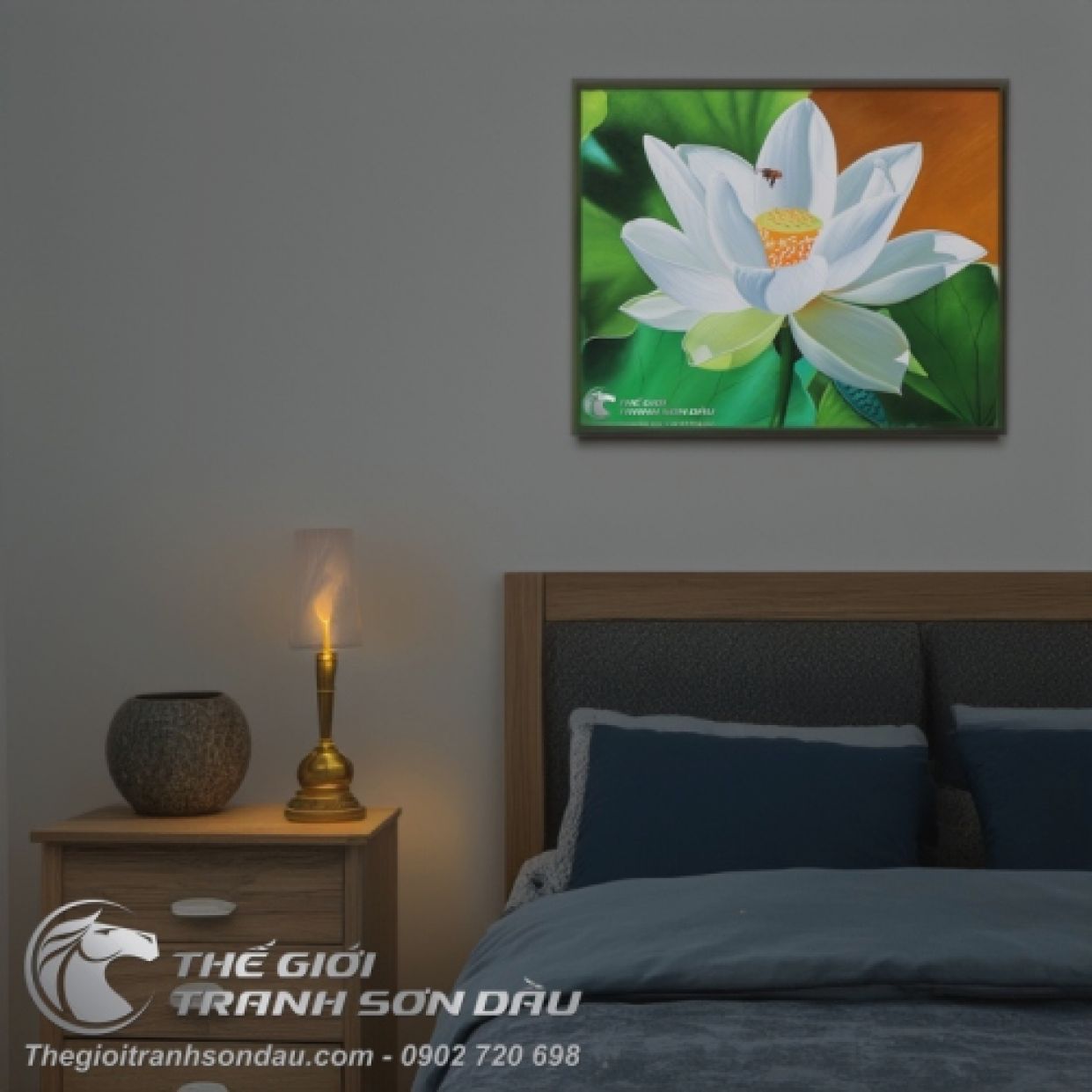 Tranh Hoa Sen Trắng Tinh Khiết Sơn Dầu Kích Thước 50x60 
