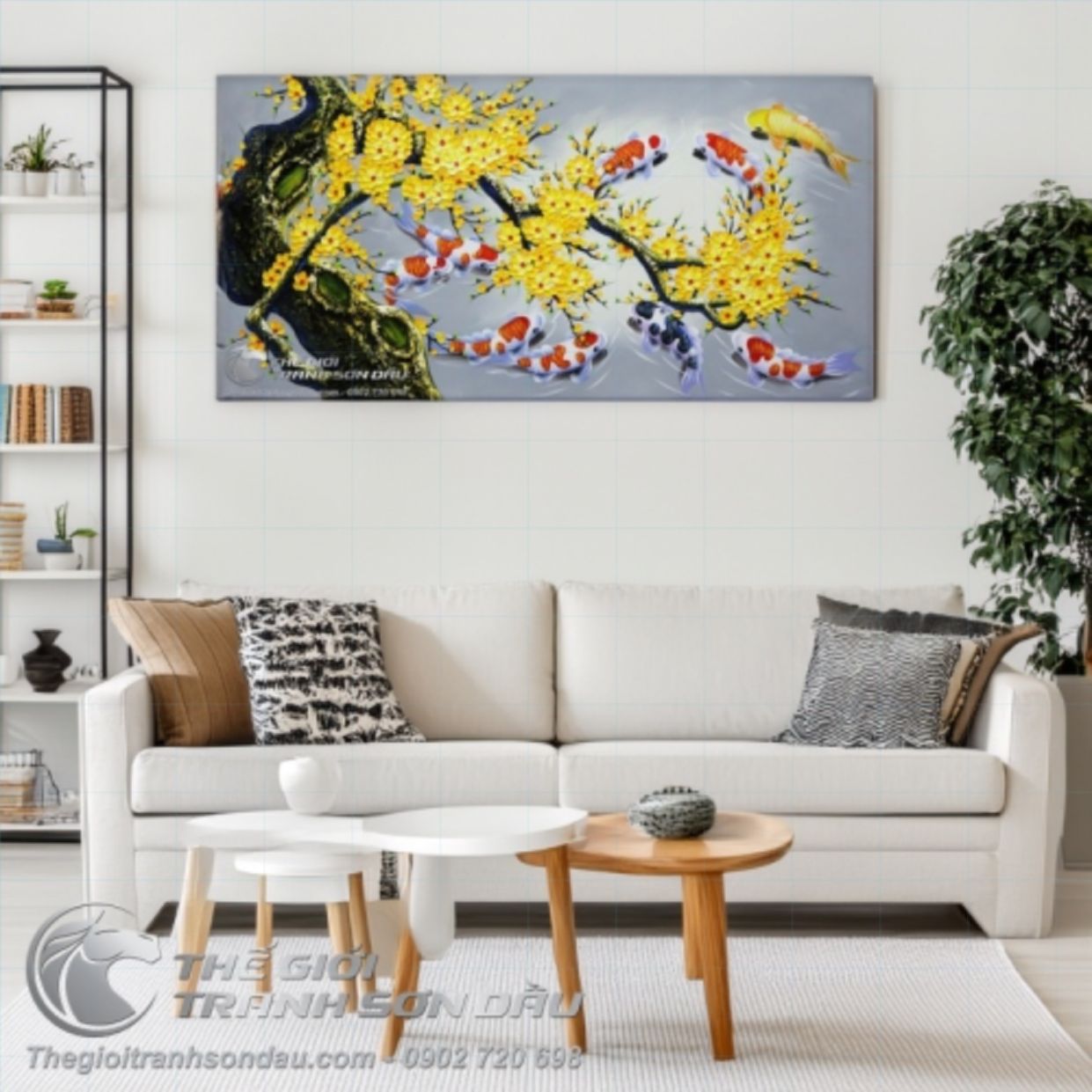 Tranh Sơn Dầu Cửu Ngư Hoa Mai Trát Bay Vẽ Tay Đẹp 100% 