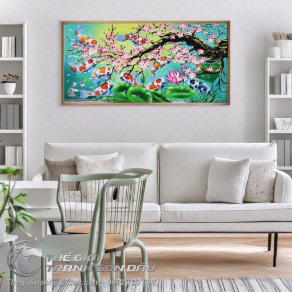 Tranh Sơn Dầu Cửu Ngư Dưới Gốc Đào Vẽ Tay Kích Thước Lớn 