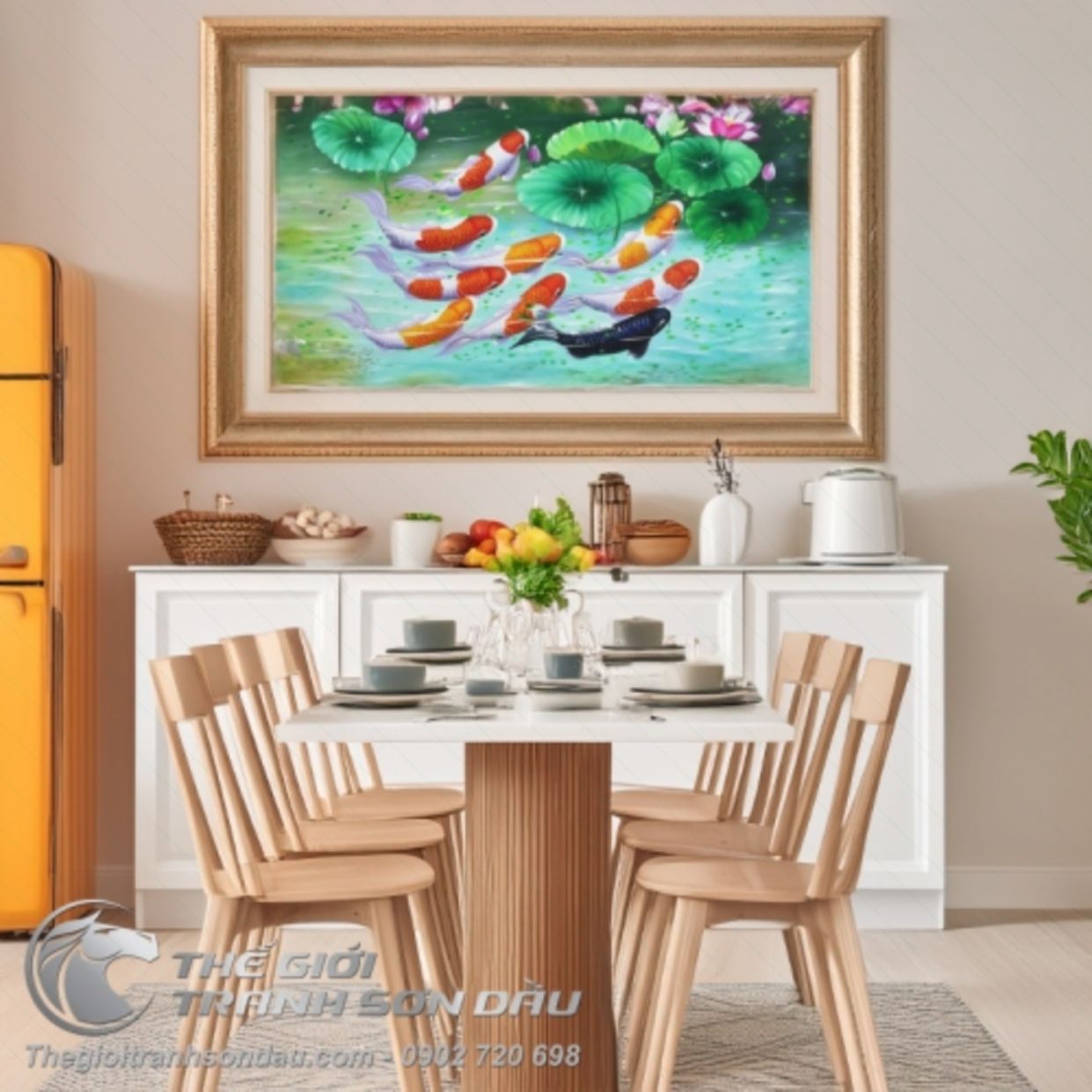 Tranh Cửu Ngư Đồ Sơn Dầu Đa Sắc Kích Thước Lớn Sang Trọng 