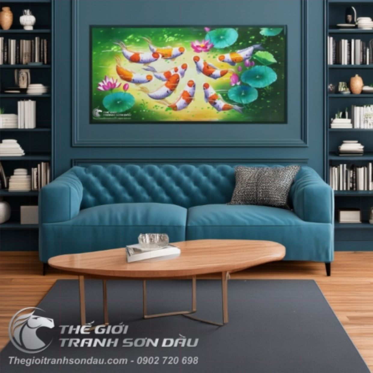 Tranh Cá Chép Trông Trăng 60x120 80x160 Sơn Dầu Đa Sắc 