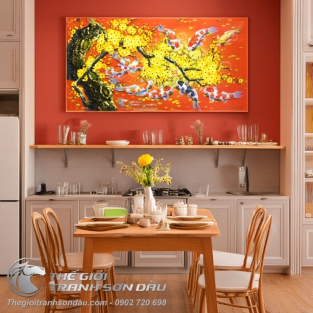 Tranh Cá Chép Hoa Mai Nền Cam Đẹp Kích Thước 60x120 Sang Trọng 