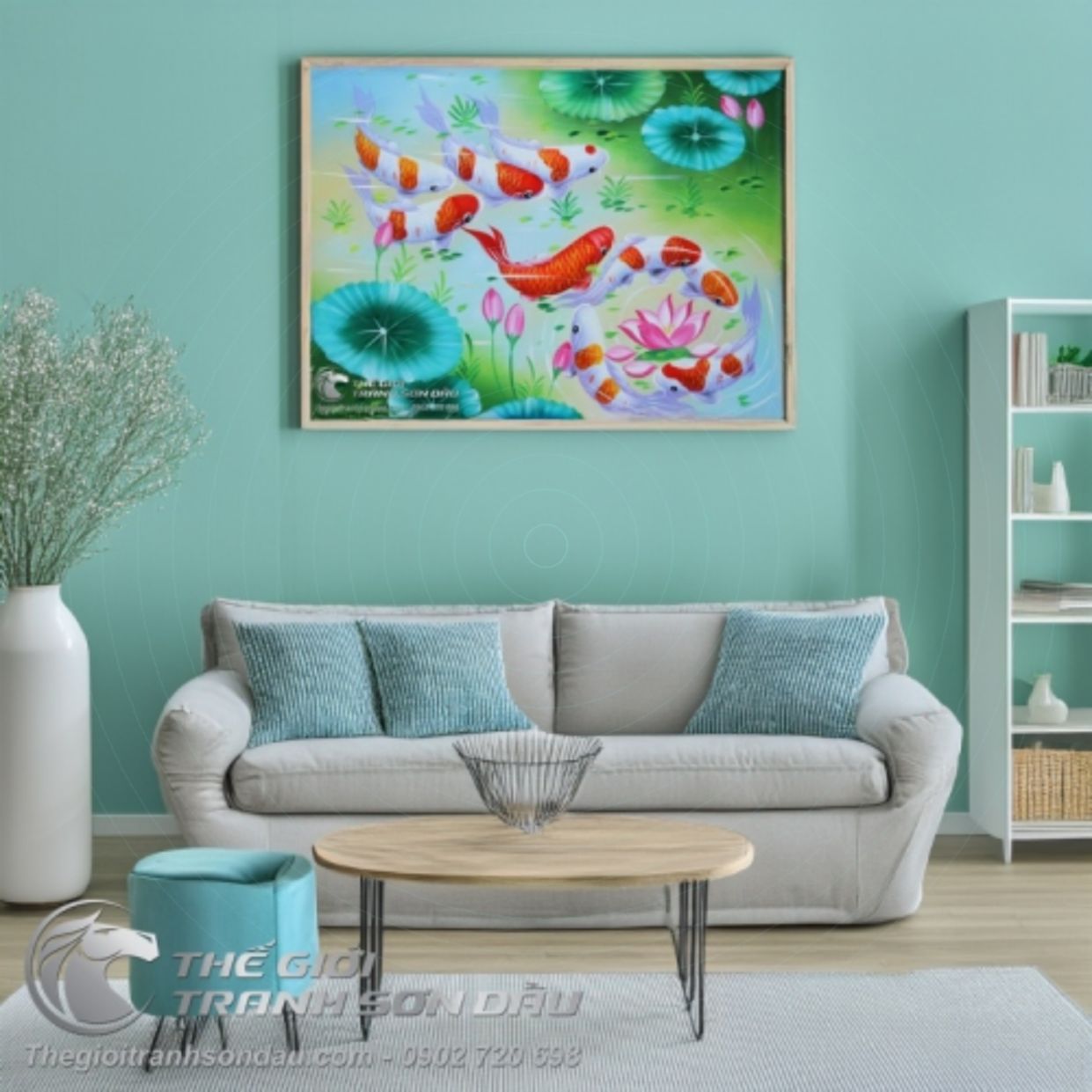 Tranh Phong Thủy Cửu Ngư Cá Chép Sơn Dầu Đa Sắc 60x80cm 