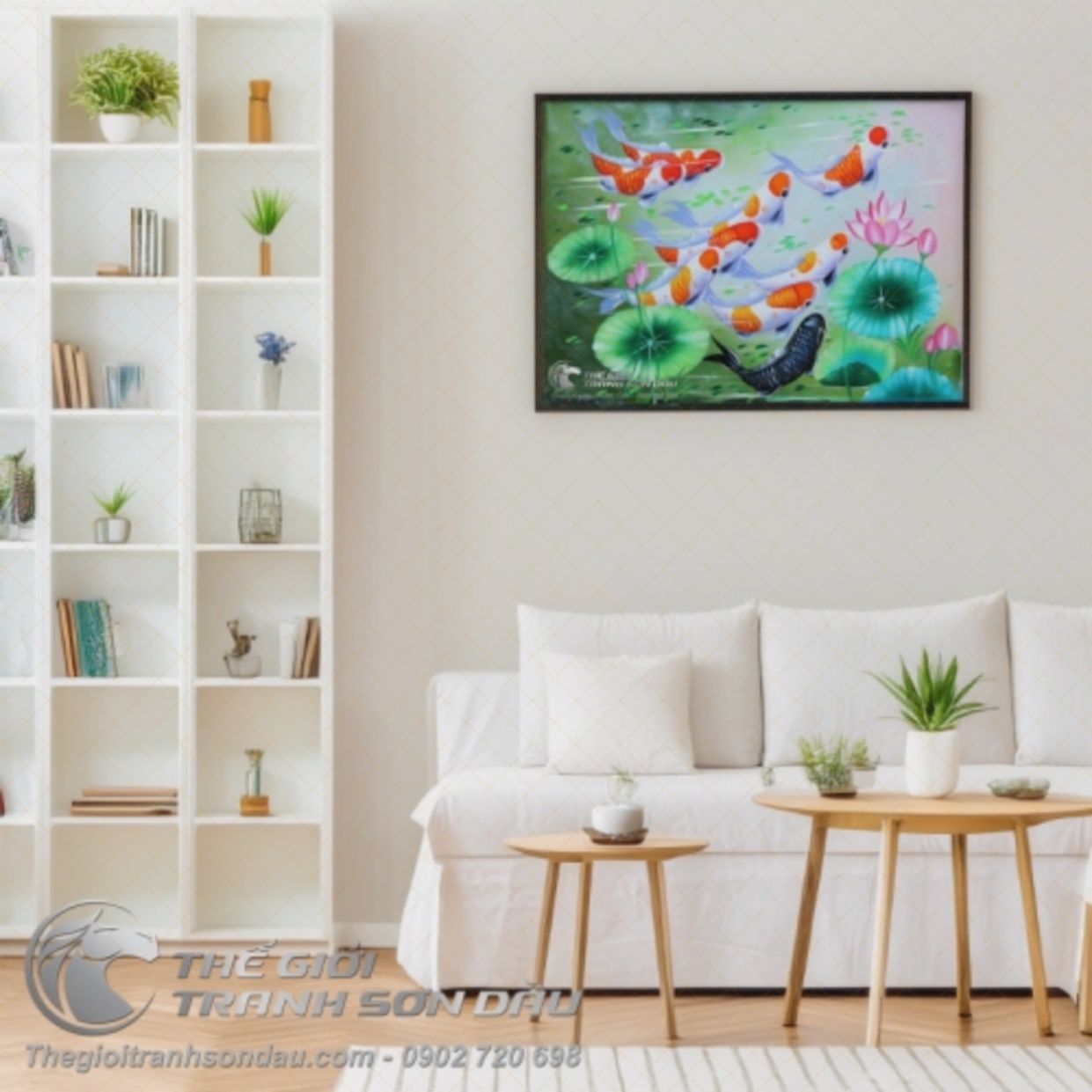 Tranh Phong Thuỷ Cá Chép Cửu Ngư Vẽ Sơn Dầu Đa Sắc 