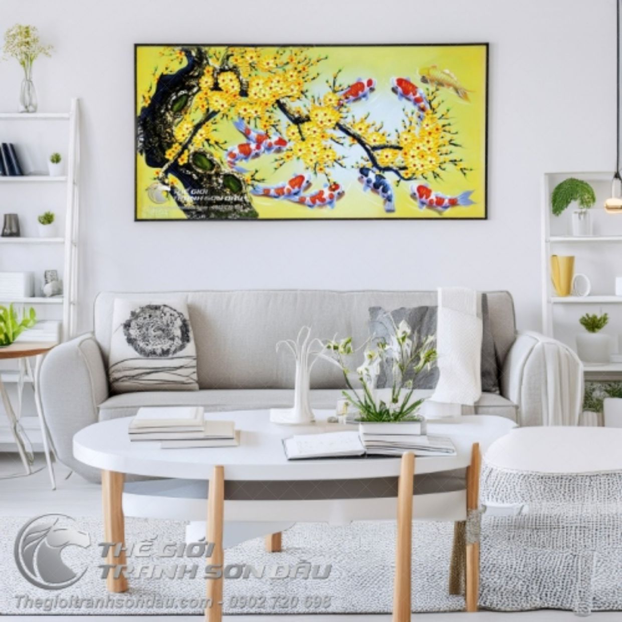 Tranh Sơn Dầu Cá Chép Mai Vàng Chín Con Đẹp Trang Trí Phòng 