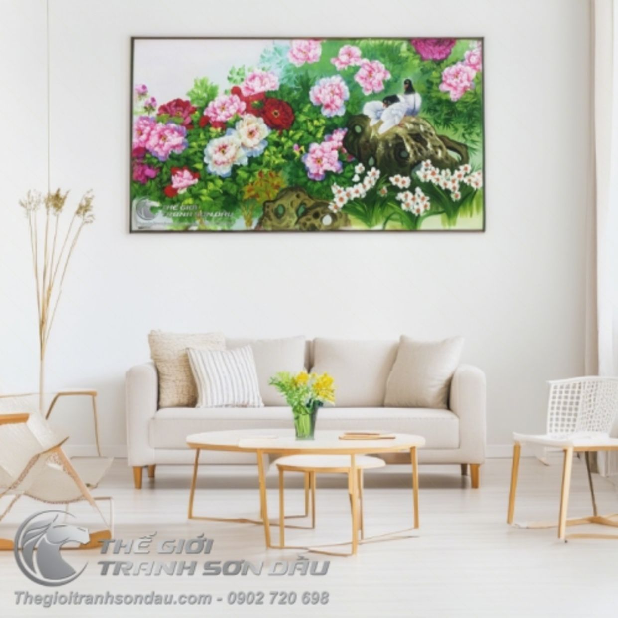 Tranh Phong Thủy Hoa Mẫu Đơn Đôi Chim Sang Trọng Tinh Tế 