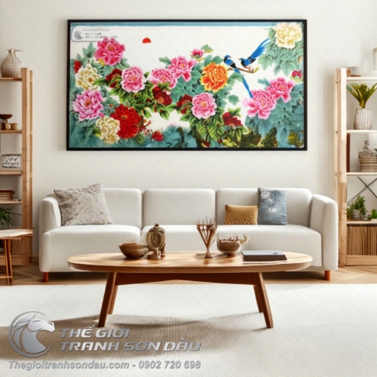 Tranh Sơn Dầu Phong Thủy Hoa Mẫu Đơn Đôi Chim Sang Trọng 