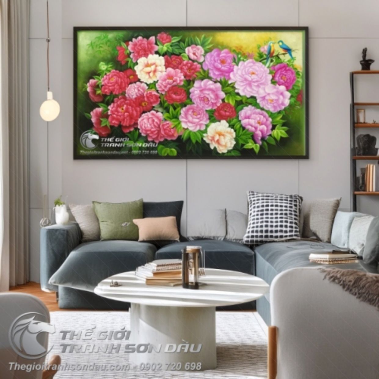 Tranh Sơn Dầu Mẫu Đơn Phong Thủy Tươi Sáng Sang Trọng 60x90 