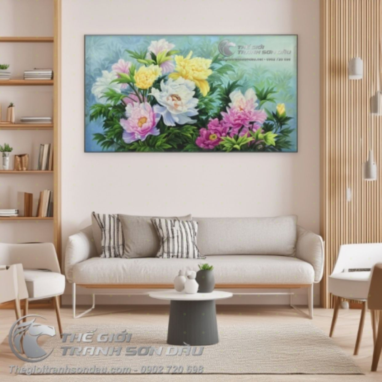 Tranh Sơn Dầu Phong Thủy Hoa Mẫu Đơn Mười Bông 60x90cm Đẹp 
