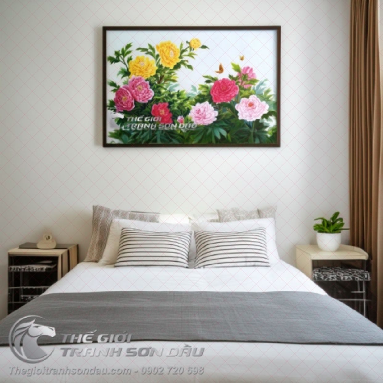 Tranh Hoa Mẫu Đơn 9 Bông Phong Thủy Sơn Dầu Khung 7cm 