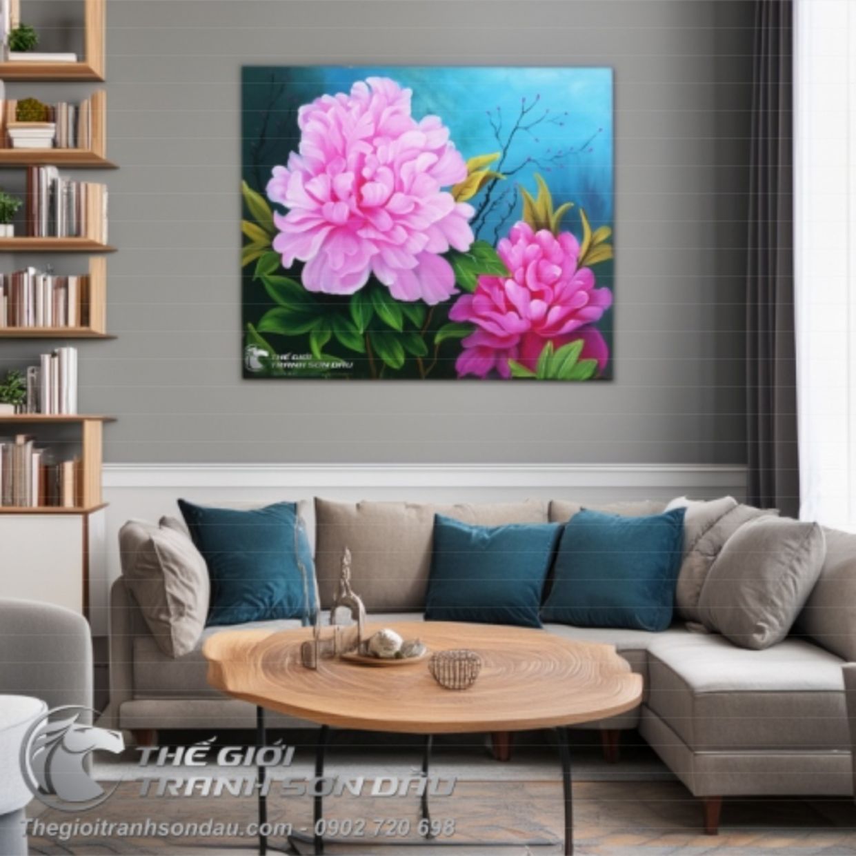 Tranh Hoa Mẫu Đơn Hồng Trắng Phòng Ngủ đẹp Sơn Dầu 50x60cm 