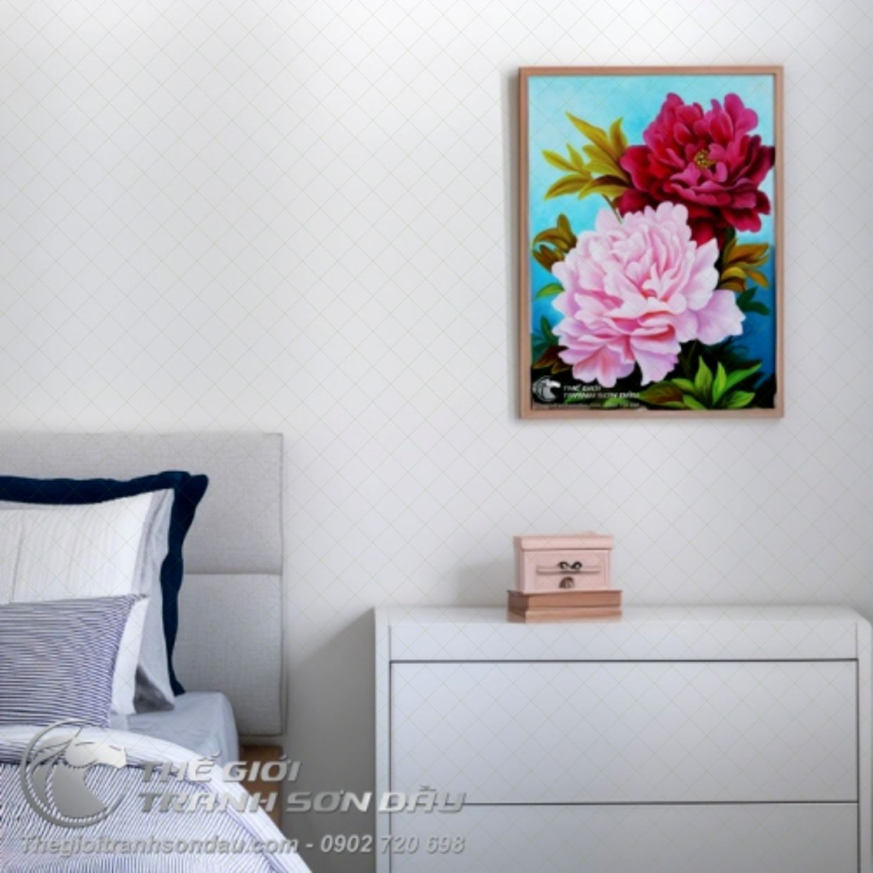 Tranh hoa mẫu đơn 2 bông đẹp trang trí phòng ngủ hiện đại 