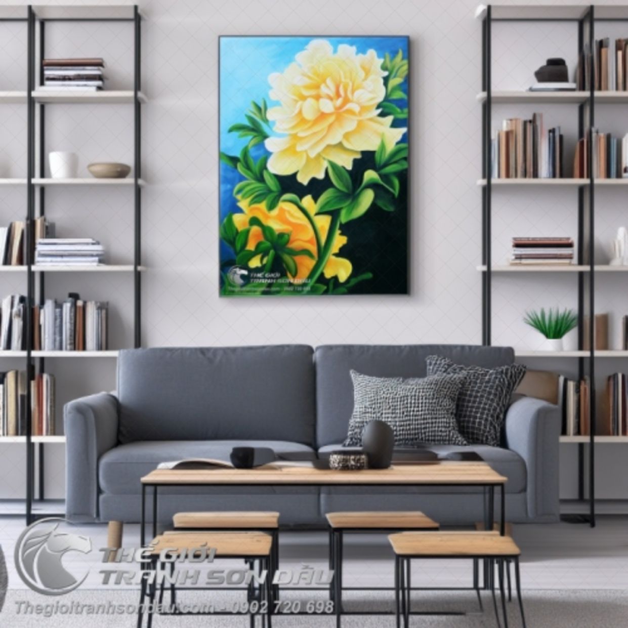 Tranh sơn dầu mẫu đơn vàng 50x70 sang trọng trang trí nhà 