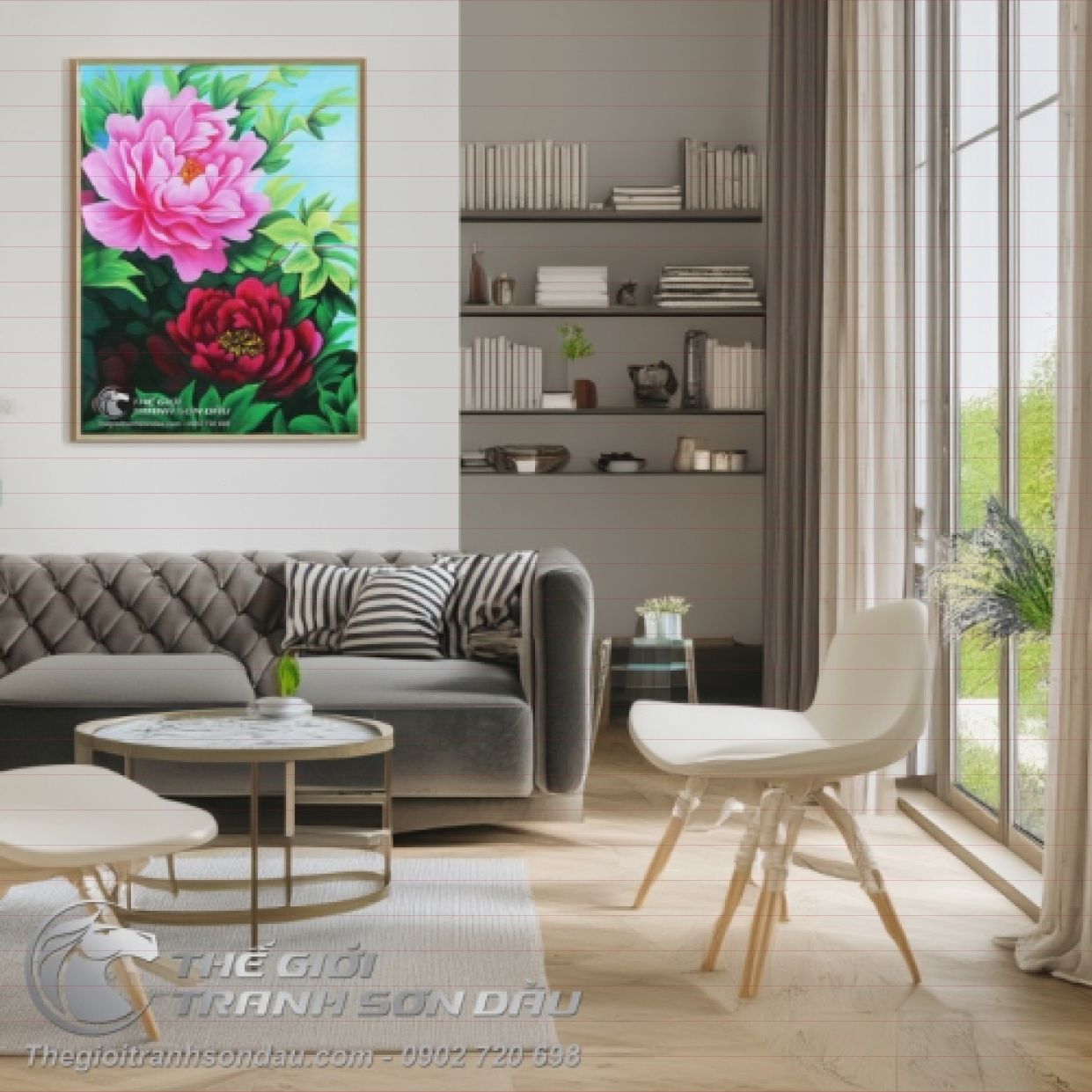 Tranh Sơn Dầu Hoa Mẫu Đơn Đẹp Dáng Đứng Kích Thước 50x70 