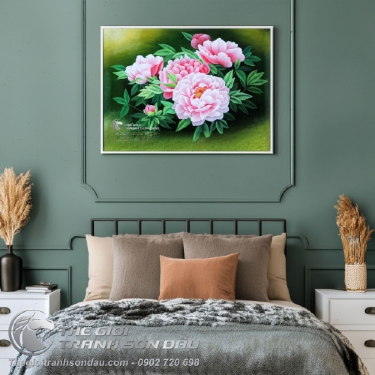 Tranh Hoa Mẫu Đơn Hồng Trắng Sang Trọng Sơn Dầu 60x90cm 