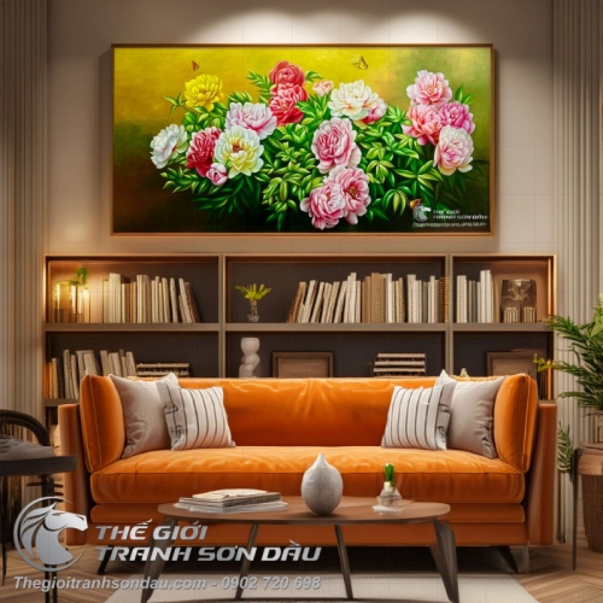 Tranh Sơn Dầu Hoa Mẫu Đơn Rực Rỡ 60x120 Khung Đẹp 