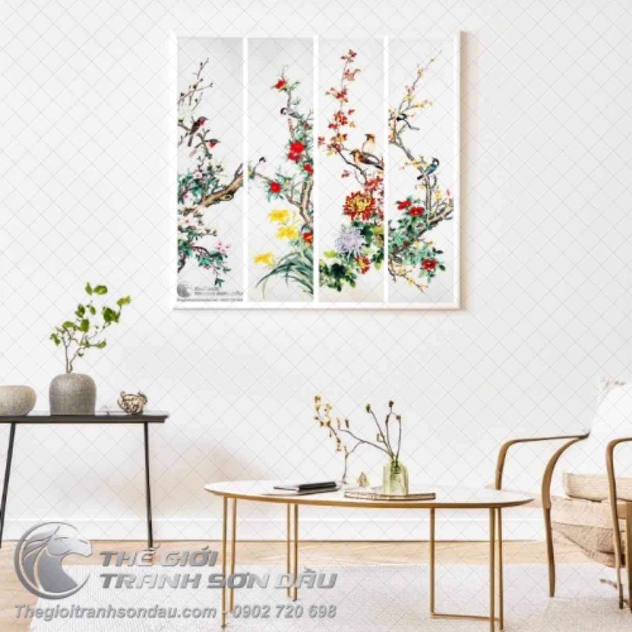 Tranh Tứ Quý 4 Mùa Đào Mẫu Đơn Mai Cúc Sơn Dầu Đẹp 