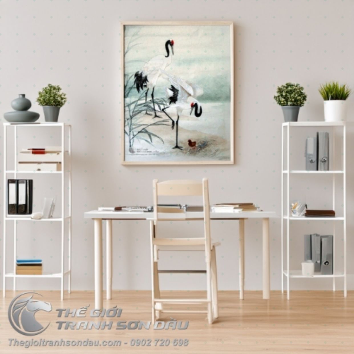 Tranh Đôi Chim Hạc Con Sơn Dầu Đa Sắc Kích Thước Đa Dạng 