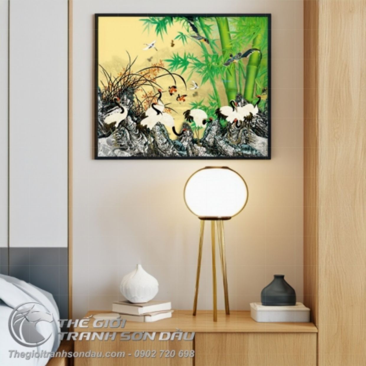 Tranh Đàn Chim Hạc Trúc Xanh Sơn Dầu Đẹp 60x90 80x160cm 