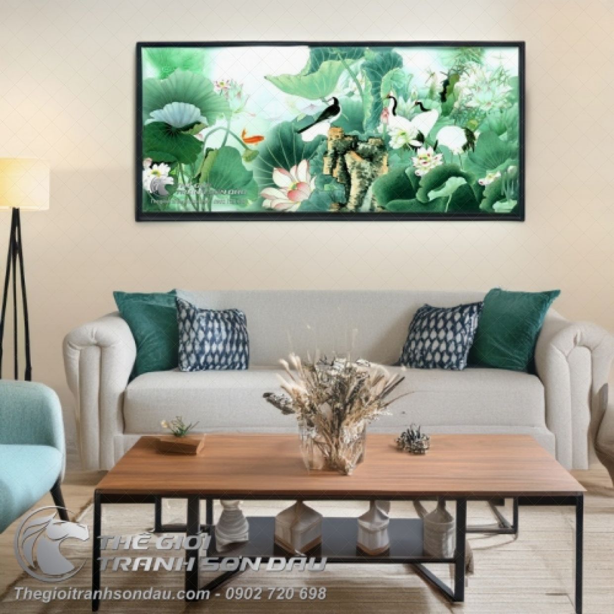 Tranh Sơn Dầu Hạc Sen Lá Xanh Tươi Đẹp Kích Thước Đa Dạng 