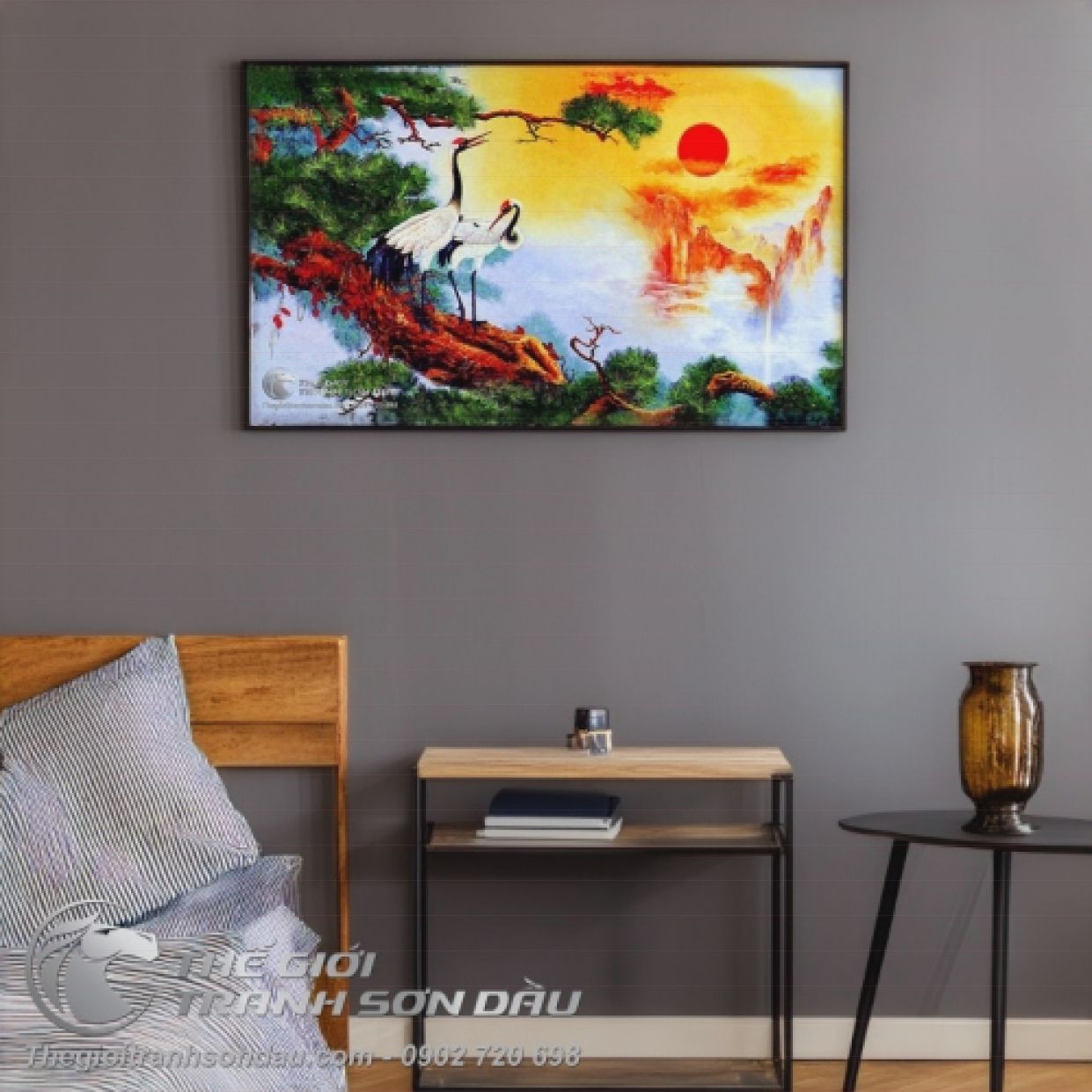 Tranh Đôi Chim Hạc Cây Tùng Sơn Dầu Đa Sắc Kích Thước Đa Dạng 