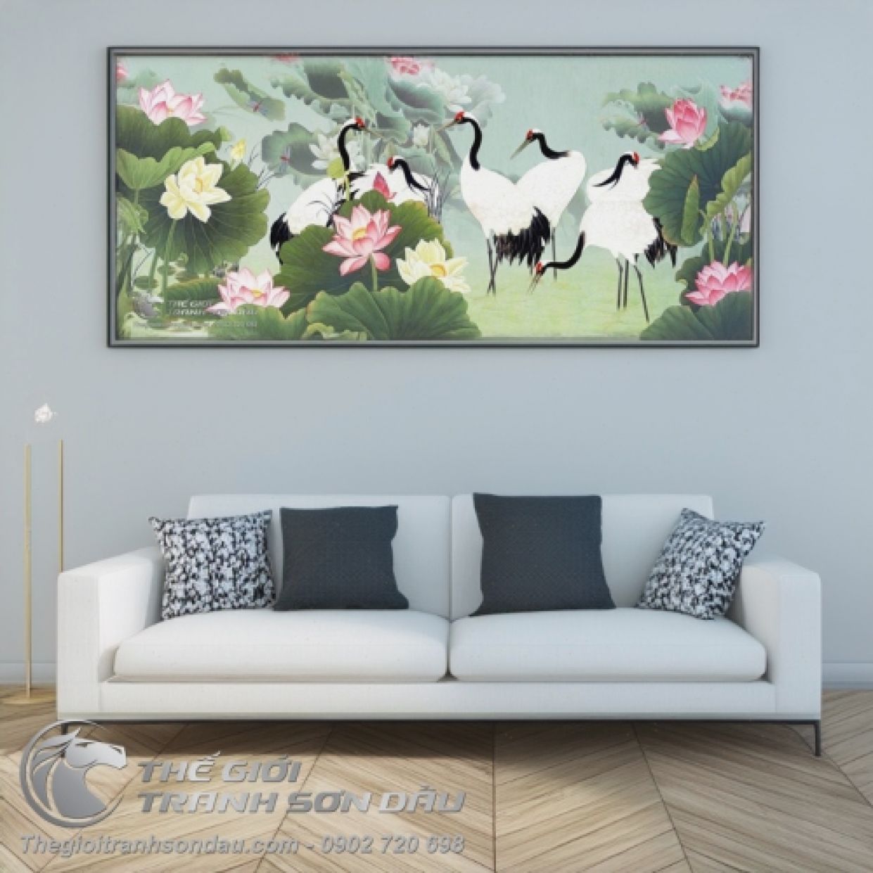 Tranh Chim Hạc Bên Hồ Sen Sơn Dầu Đa Sắc Kích Thước Lớn 