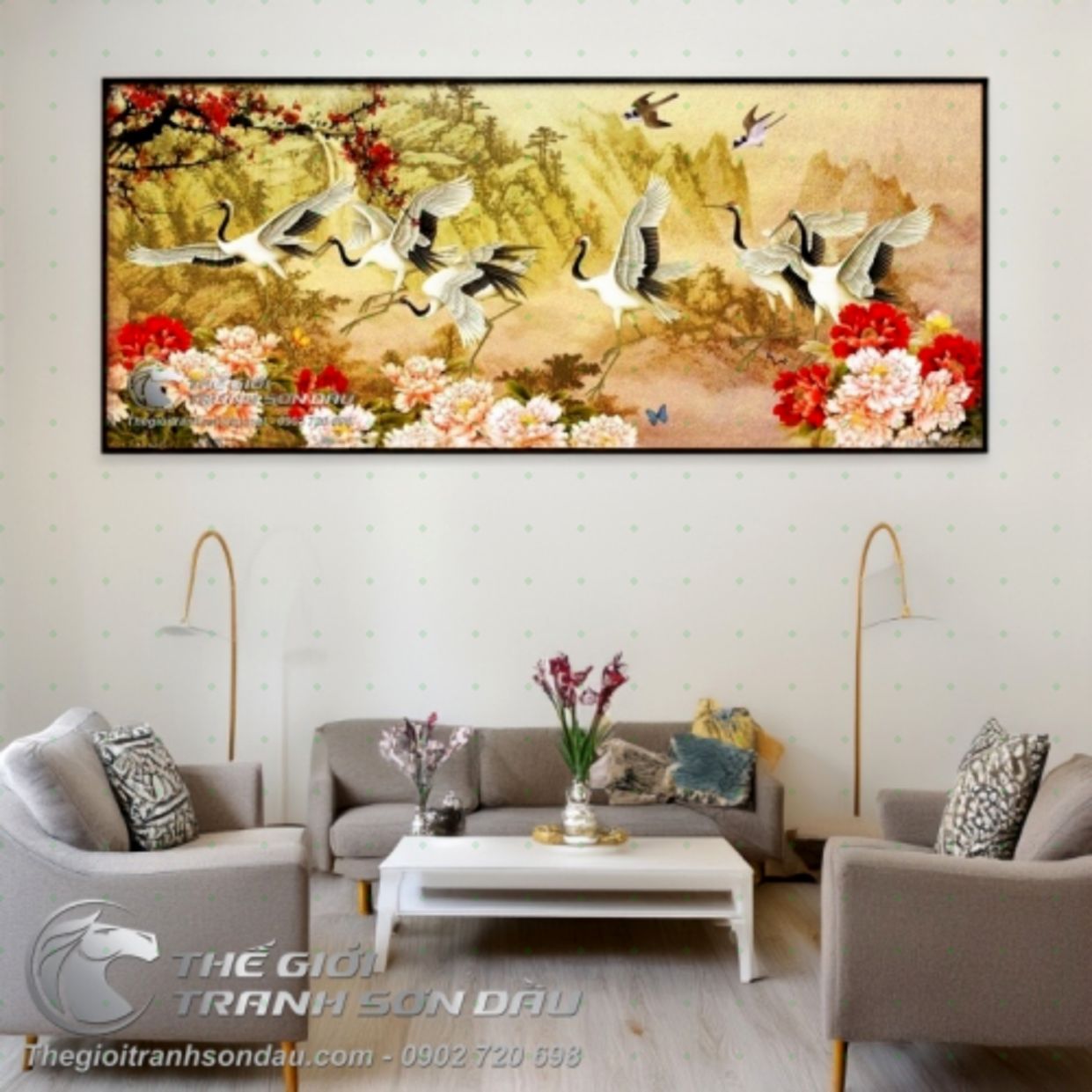Tranh chim hạc mẫu đơn sơn dầu đa sắc kích thước phong thủy 