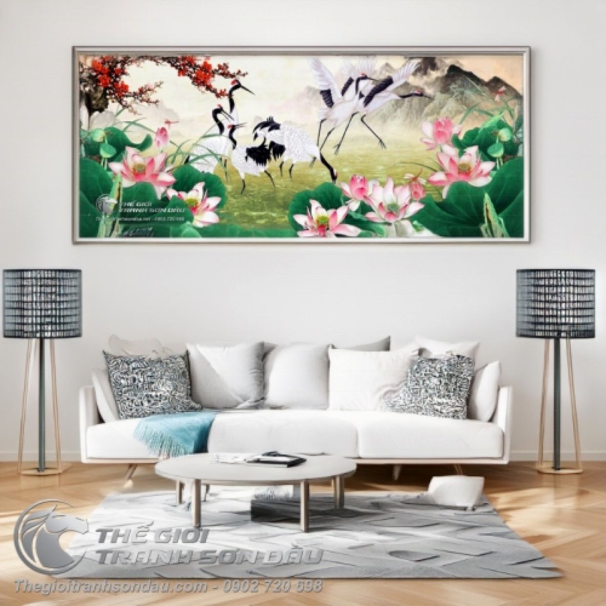 Tranh Sơn Dầu Chim Hạc Cành Đào Đỏ Rực Rỡ Kích Thước Đa Dạng 