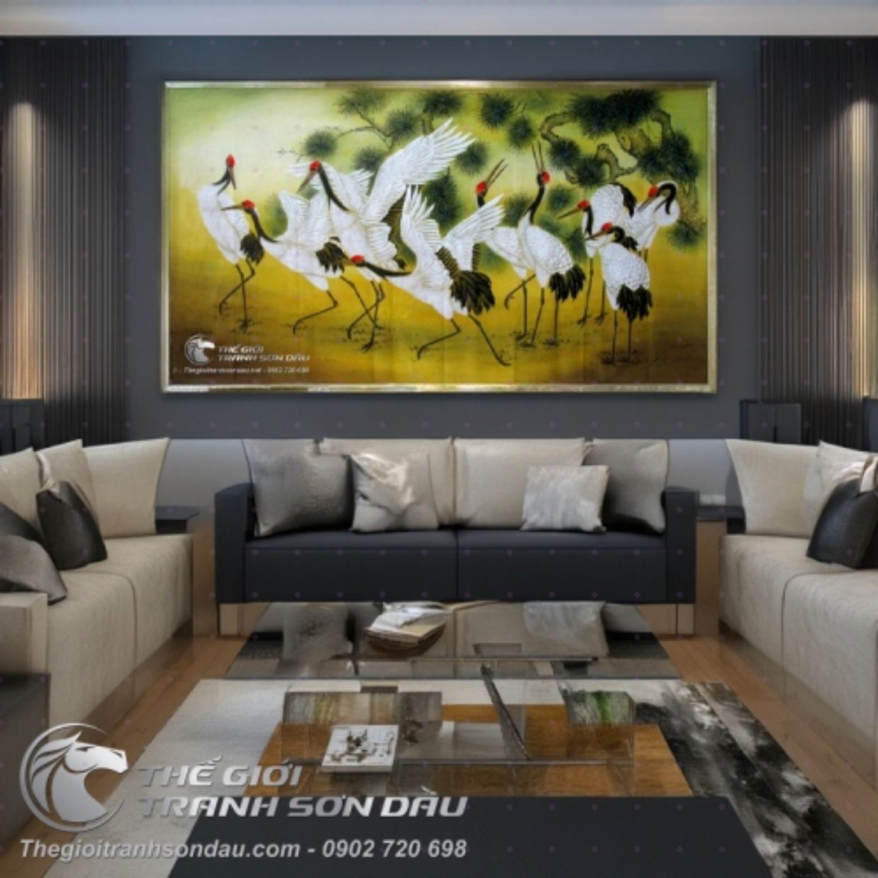 Tranh Đôi Chim Hạc Cây Tùng Sơn Dầu Đa Sắc Kích Thước Đa Dạng 