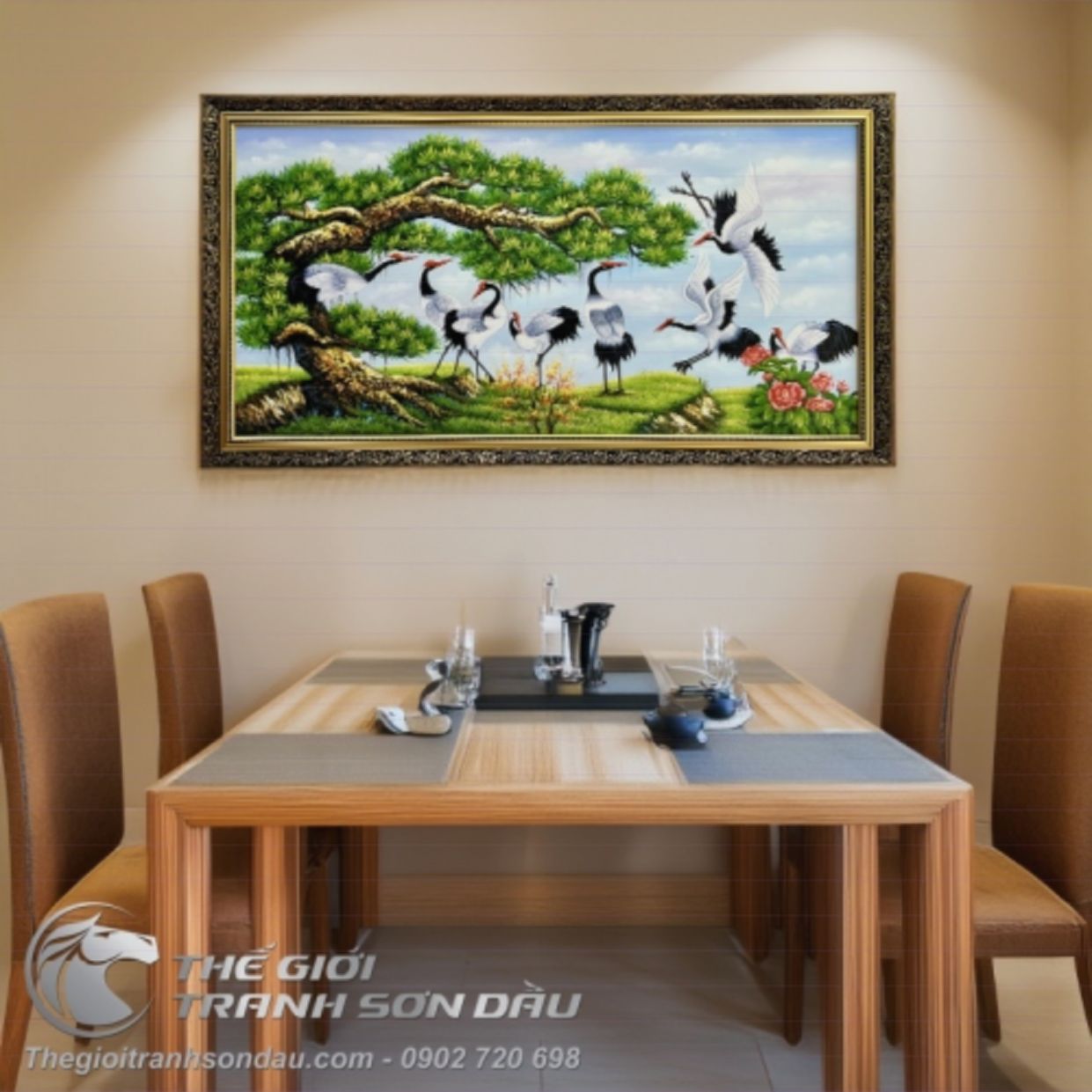 Tranh Tùng Hạc Diên Niên Sơn Dầu Chất Lượng Khung Đẹp Giá Tốt 