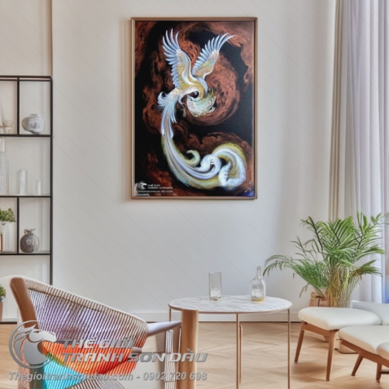 Tranh Phượng Hoàng Trắng Tung Cánh Đẹp Kích Thước Lớn Sơn Dầu 