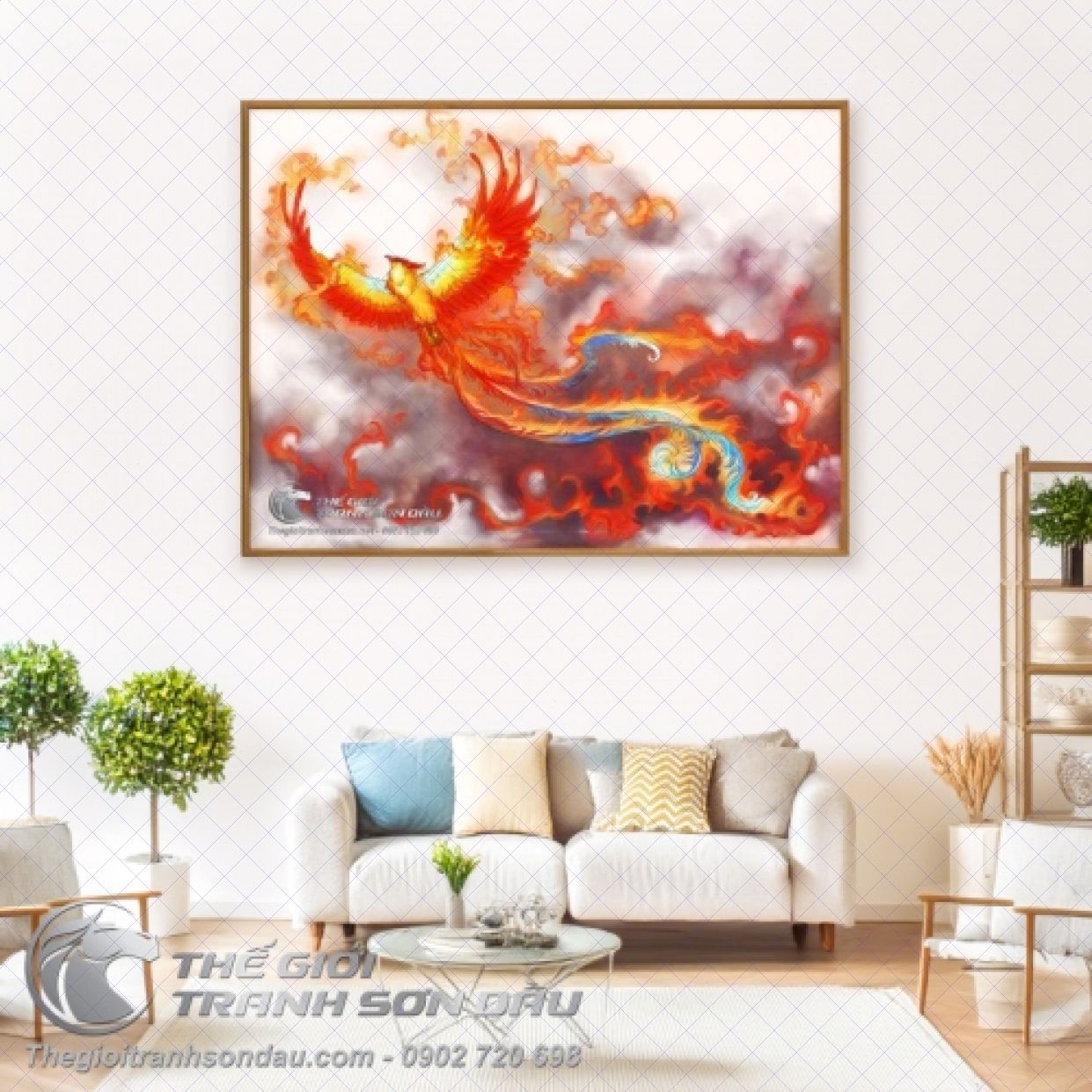 Tranh Phượng Hoàng Rực Lửa Bay Lên Trời Kích Thước Lớn 