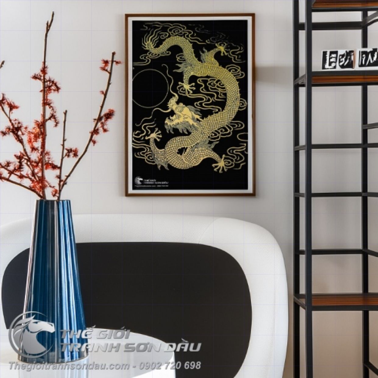 Tranh Rồng Trắng Nhả Ngọc Nền Đen 60x90 80x160 Sơn Dầu Đẹp 