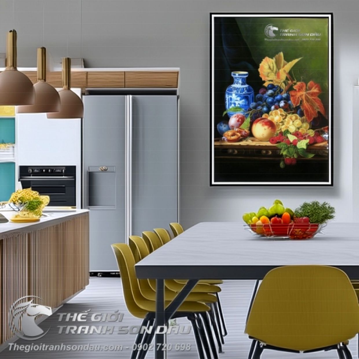 Tranh Tĩnh Vật Bình Hoa Trái Cây Sơn Dầu Đa Sắc 60x90cm 