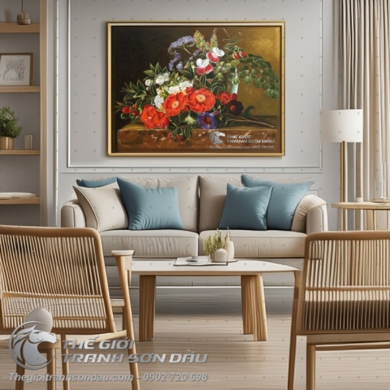 Tranh Sơn Dầu Bình Hoa Trang Trí Phòng Bếp Đẹp Sang Trọng 