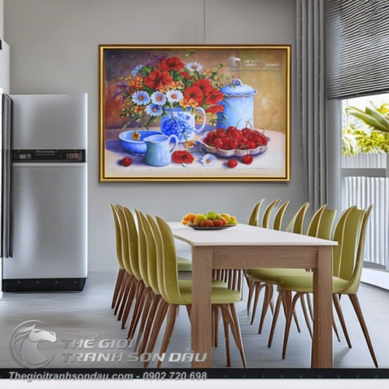 Tranh Sơn Dầu Tĩnh Vật Bình Hoa Quả Cherry Trang Trí Sang Trọng 