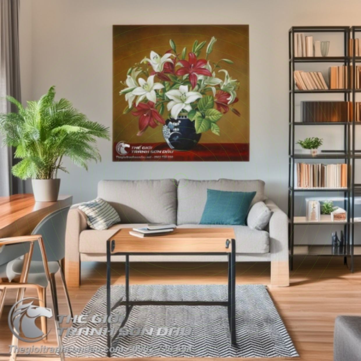 Tranh Sơn Dầu Bình Hoa Lily Đẹp Trang Trí Phòng Tiện Lợi Sang Trọng 