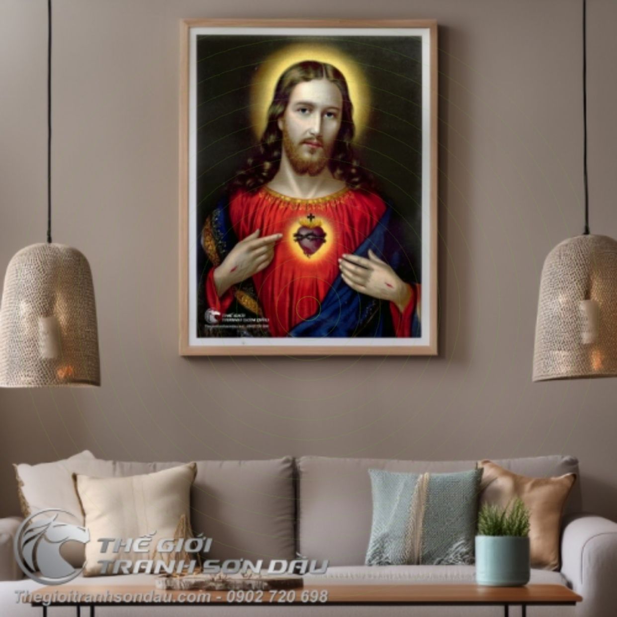 Tranh Trái Tim Đức Chúa Jesu Sơn Dầu Đẹp Kích Thước Đa Dạng 