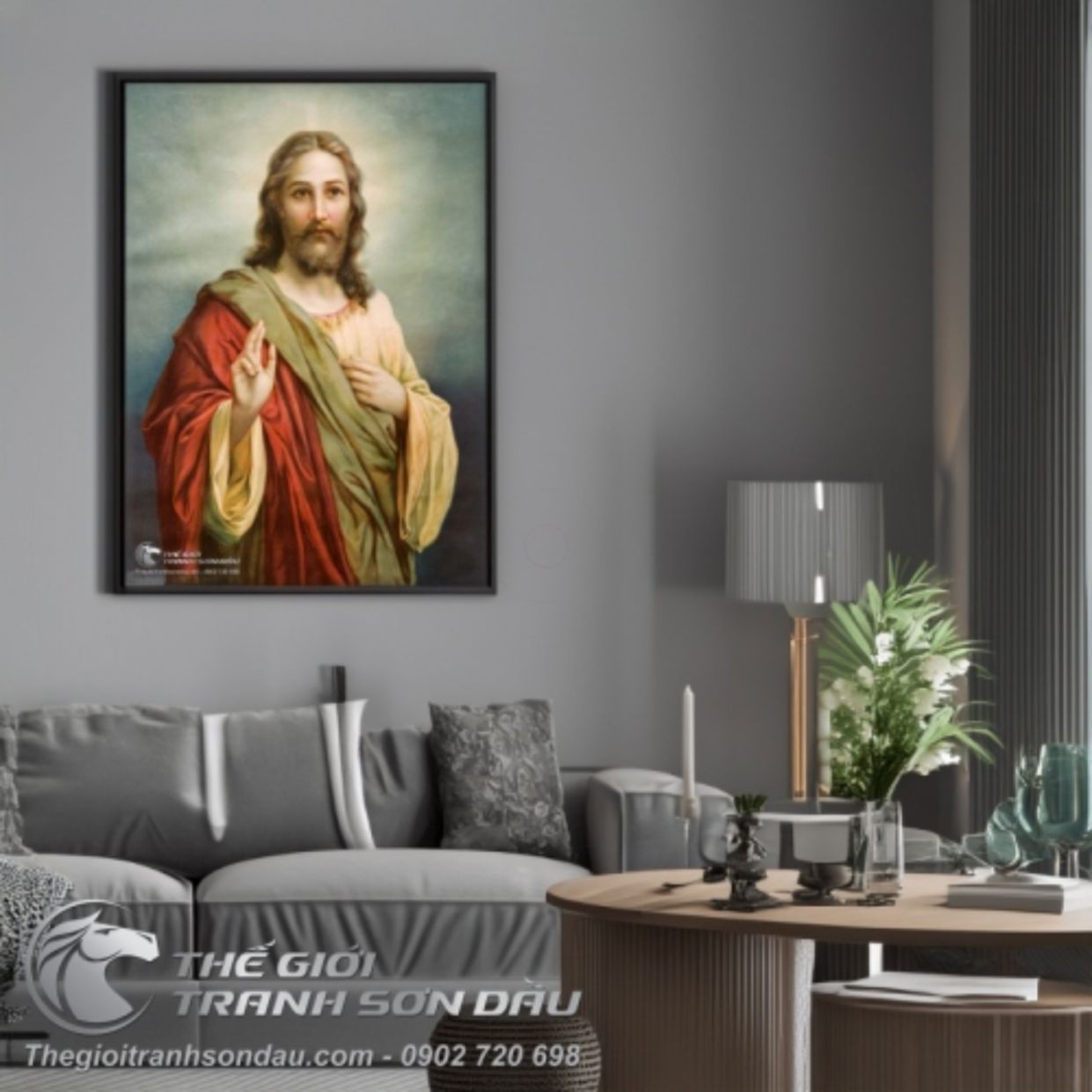 Tranh Chúa Jesu Ngôi Ba Thiên Chúa Sơn Dầu Đa Sắc Kích Thước Lớn 