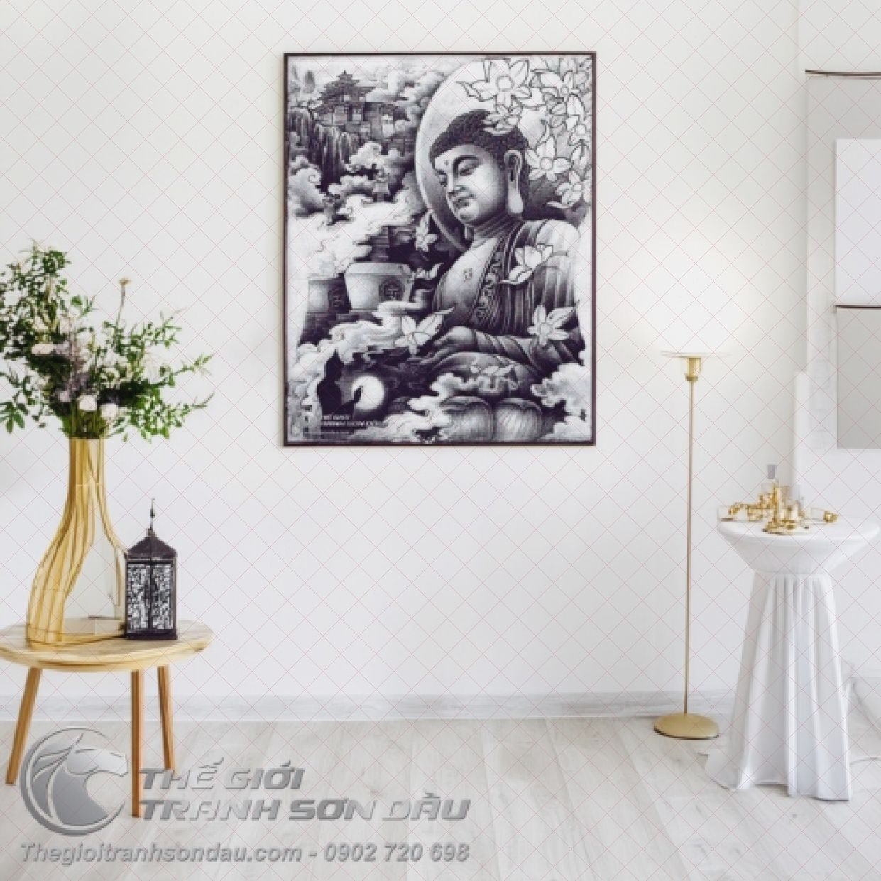 Tranh Phật Ngồi Trăng Đen Sơn Dầu Đa Kích Thước Chất Lượng Cao 
