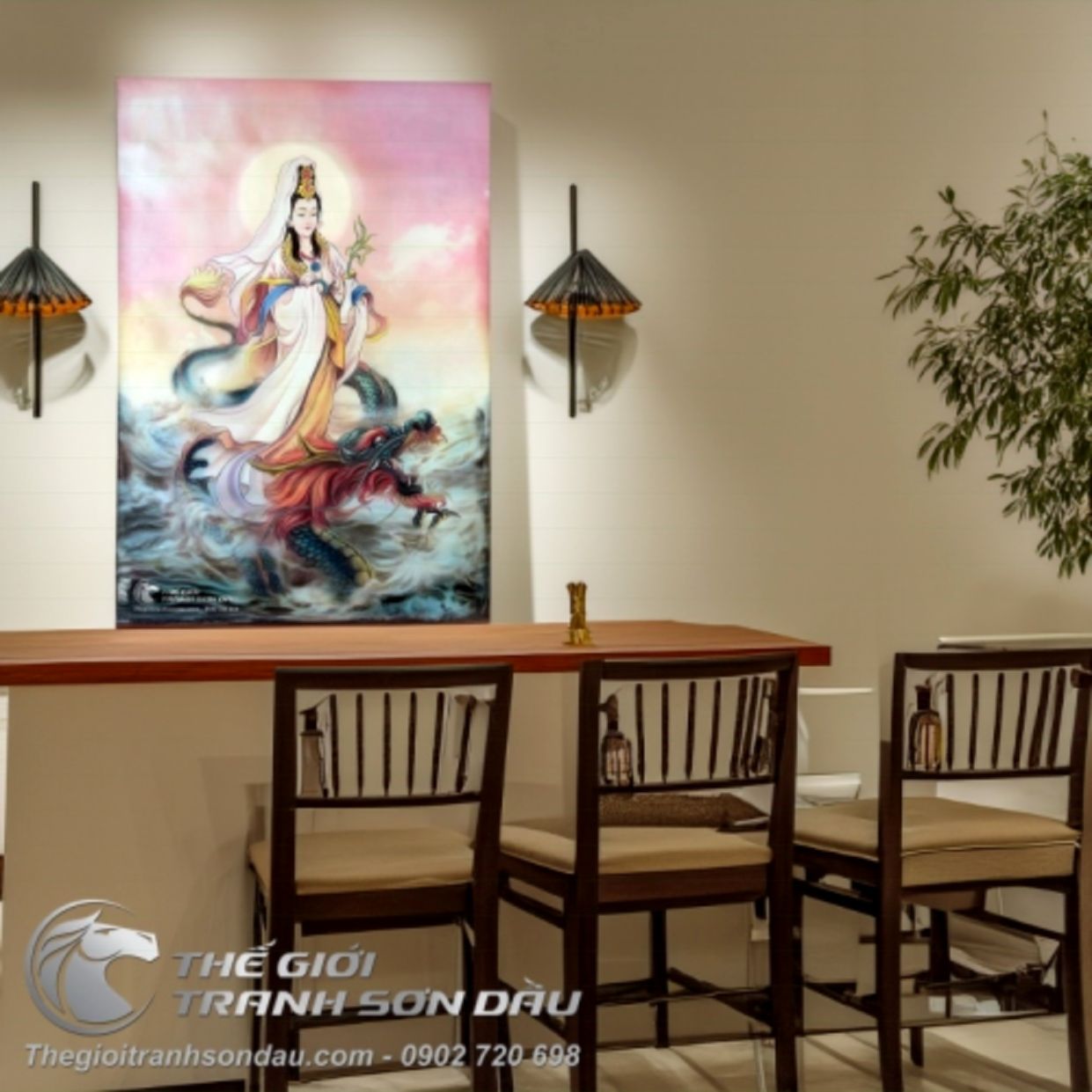 Tranh Sơn Dầu Bồ Tát Cưỡi Rồng Đẹp Phong Thủy Ý Nghĩa 
